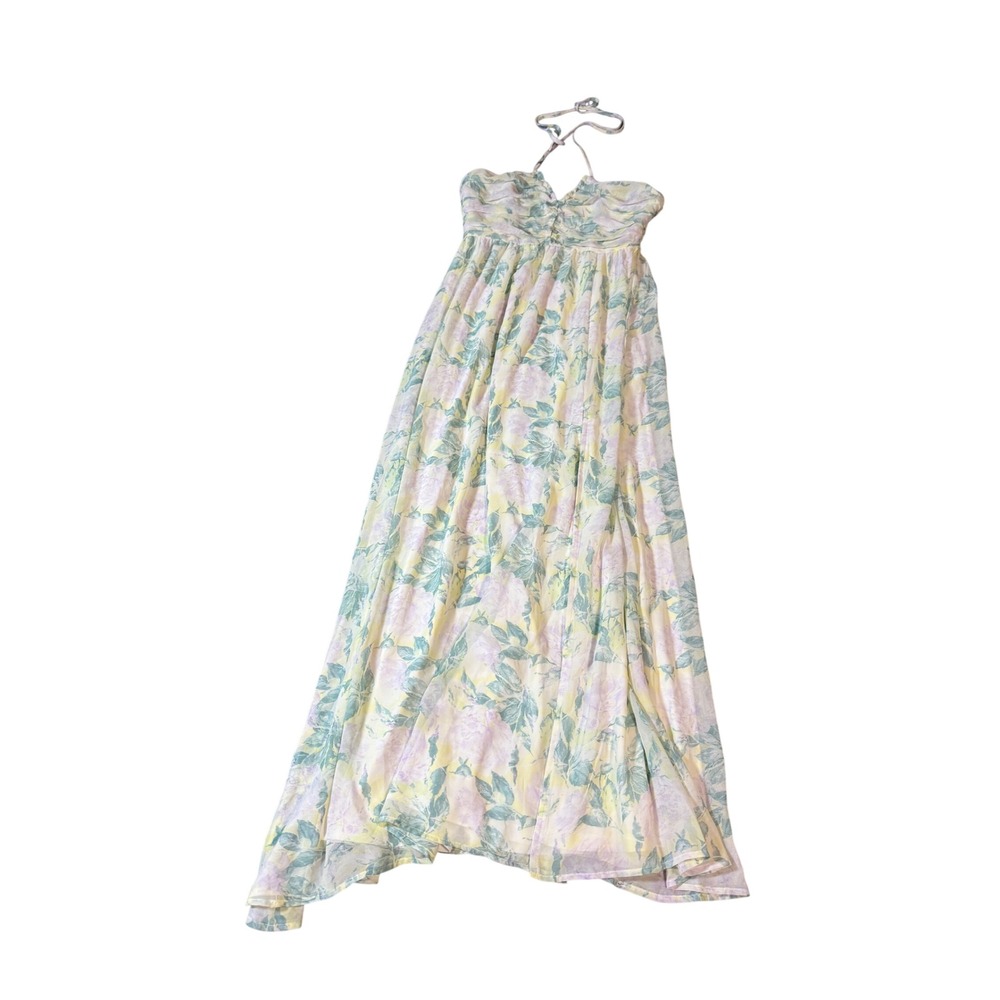 NWOT Lulus Medium Effortlessly Abloom Green Floral Ruched Halter Maxi Dress - Picture 4 of 13